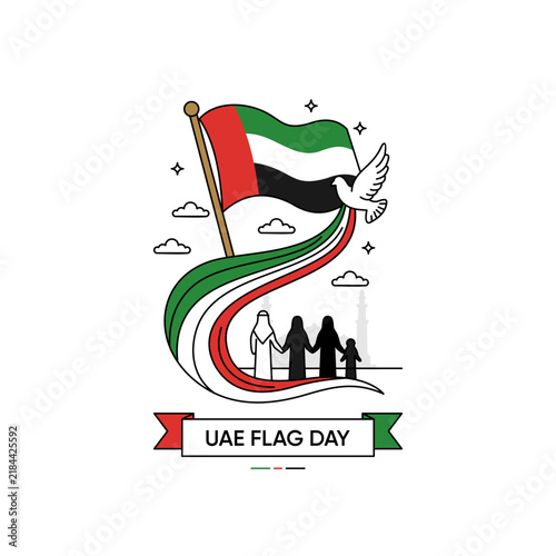 UAE Flag With Dove And Family UAE Flag Day Illustration