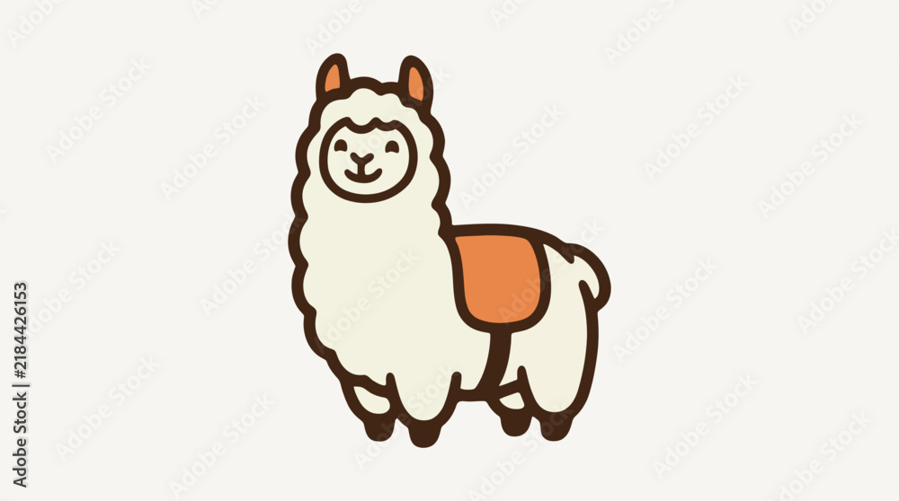 Fototapeta premium Charming cartoon illustration of a smiling llama with a saddle, perfect for whimsical designs and playful branding