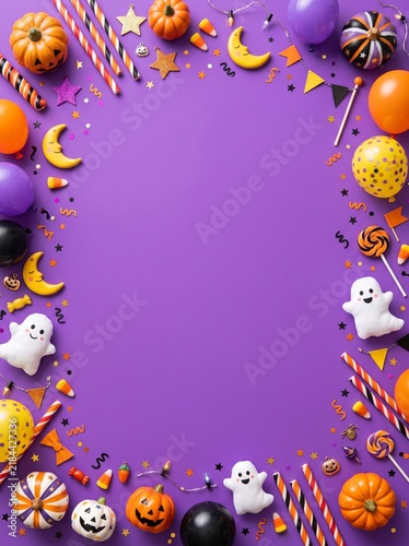 Halloween carnival celebration flat lay frame background with cute ghosts pumpkins balloons and confetti on purple backdrop