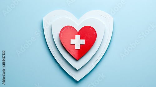 A red heart with a white medical cross on layered white hearts against a light blue background symbolizes health and care.