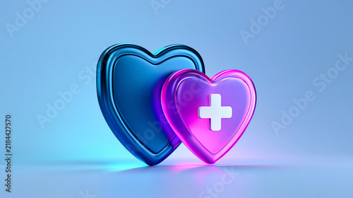 Two glowing heart shapes, one blue and one purple with a white medical cross, against a soft blue background symbolizing health and care.
