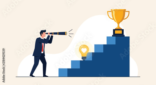 Obraz na płótnie Business vision and career path to success, businessman with telescope looking at ladder to trophy, planning long term goal achievement