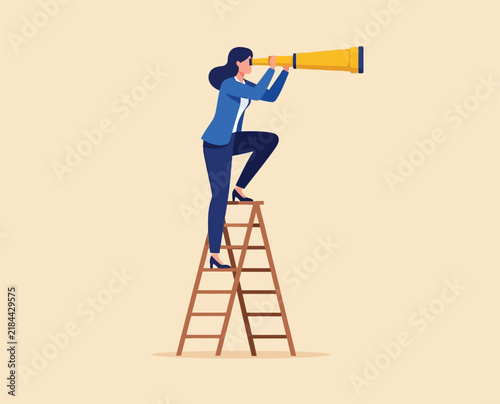 Fotografie Professional woman standing on ladder while using golden telescope to search horizon representing foresight vision and strategic planning for future success