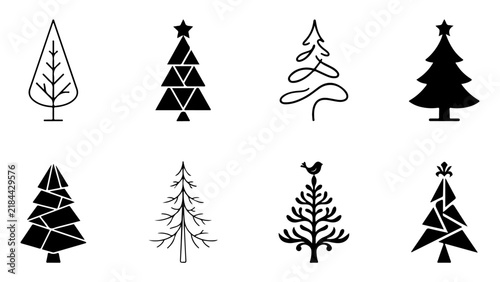 Christmas Tree Silhouette Set, Black Fir Tree Icons with Star for Winter Holiday and New Year Design Vector

