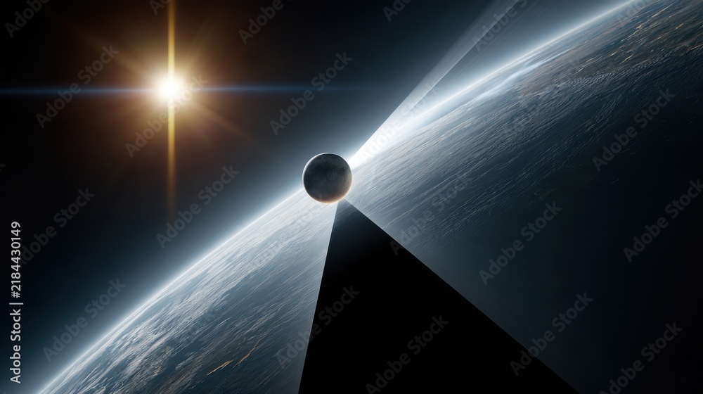 Fototapeta premium A stunning visual of a celestial body partially eclipsing a larger planet, with a bright star illuminating the scene in a cosmic spectacle.
