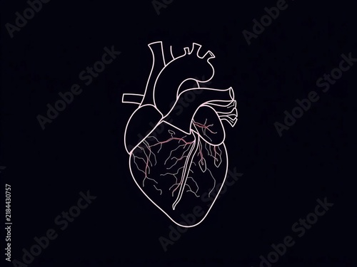 Thin line illustration of a human heart with valves and chambers, simple, minimalistic