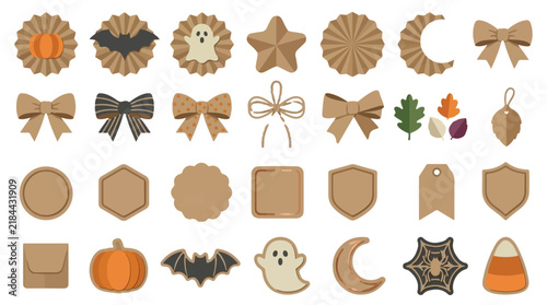 Rustic Halloween kraft paper icons, 28 brown paper scrapbooking elements, autumn harvest labels and spooky holiday stickers isolated PNG with Transparent Background Halloween  Editable EPS