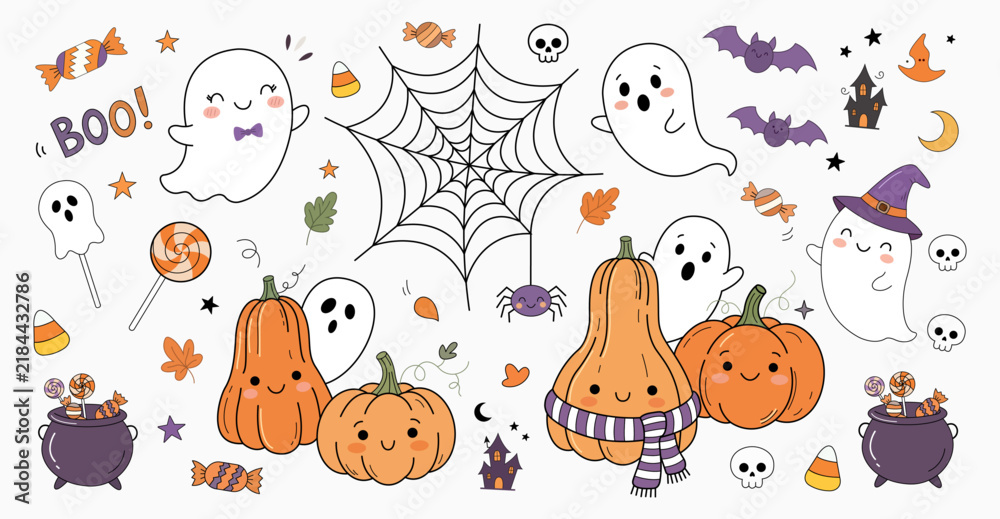 Naklejka premium Cute Halloween Ghosts, Pumpkins and Spider Web Seamless Pattern