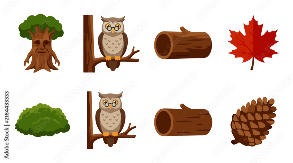 Fototapeta premium Forest Elements Icon Sheet: Tree Spirit, Owls with Glasses, Logs, Maple Leaf, Bush, Pinecone, Flat Vector Graphics