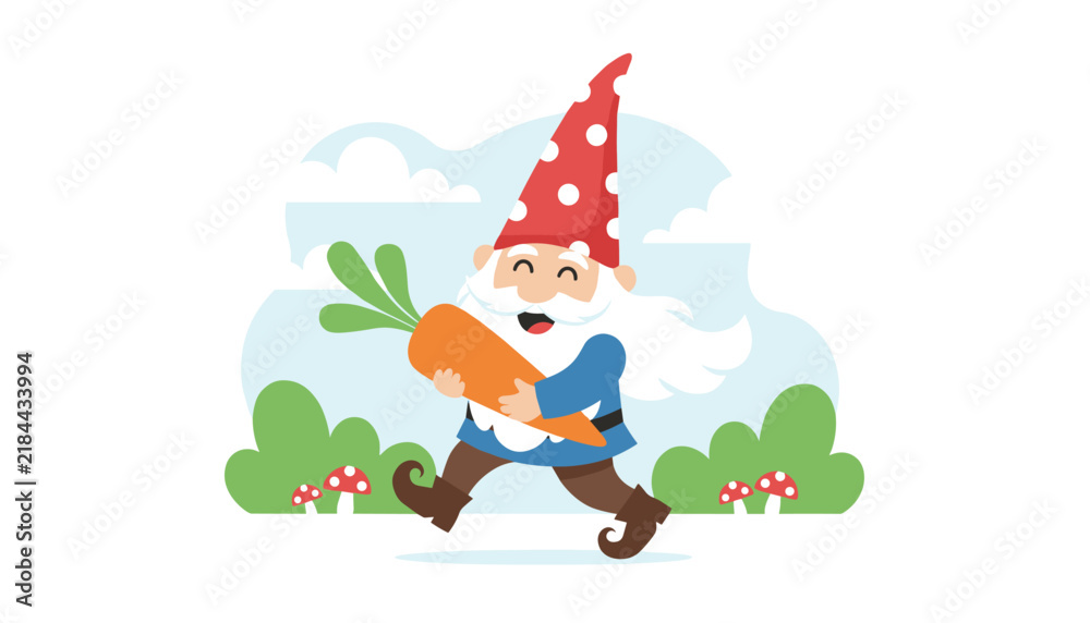 Fototapeta premium Joyful garden gnome carrying a giant orange carrot while walking through a scenic summer field filled with mushrooms.