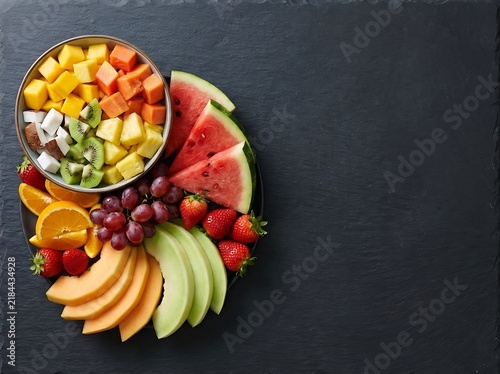 Fresh fruit platter with tropical mix in bowl on slate background