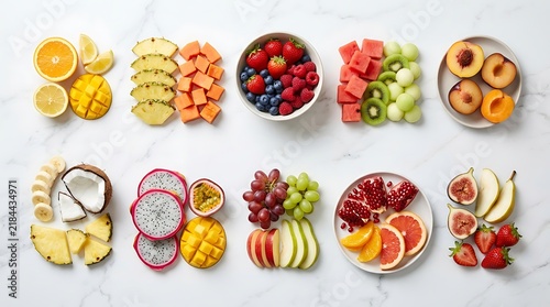 Collection of various sliced fruits and berries on white marble plates