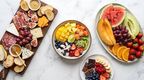 Assorted charcuterie board with fresh fruit bowl and healthy dessert plate