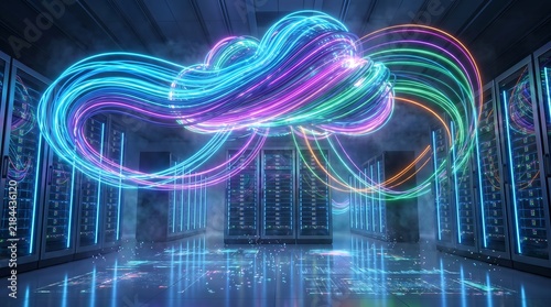 Futuristic server room data center with glowing neon data fiber streams forming cloud network icon