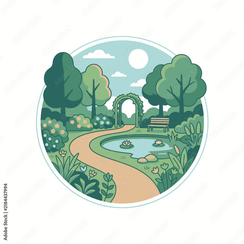 Obraz premium Circular park landscape with garden path and pond.