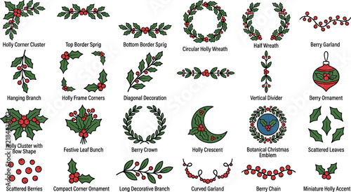 фотографія Christmas holly leaves and red berry vector set featuring decorative wreaths fes