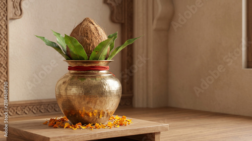 Brass Kalash with Coconut and Mango Leaves on a Wooden Pedestal