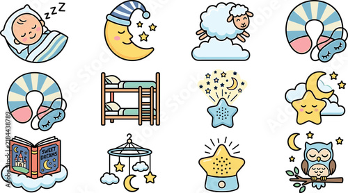 Foto Cute bedtime and baby sleep vector icon set featuring sleeping infant crescent m