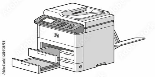 Bild auf Leinwand Detailed line drawing of an office multifunction laser printer with paper trays