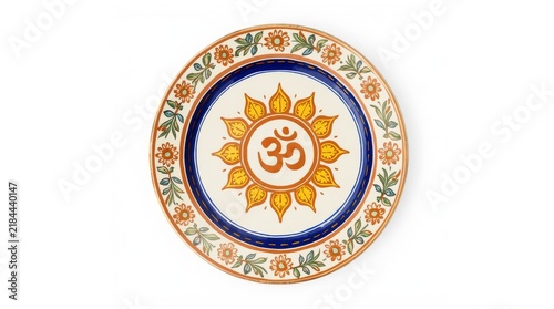 Decorative ceramic plate featuring sacred symbol surrounded by floral sunburst designs