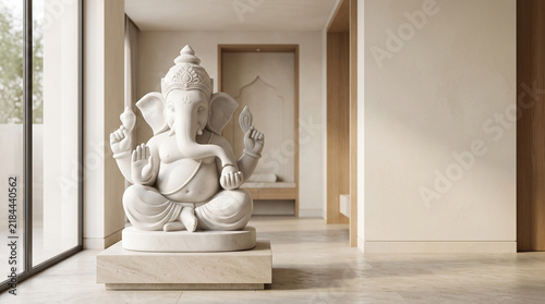White Marble Ganesha Statue on a Low Pedestal in a Modern Minimalist Interior