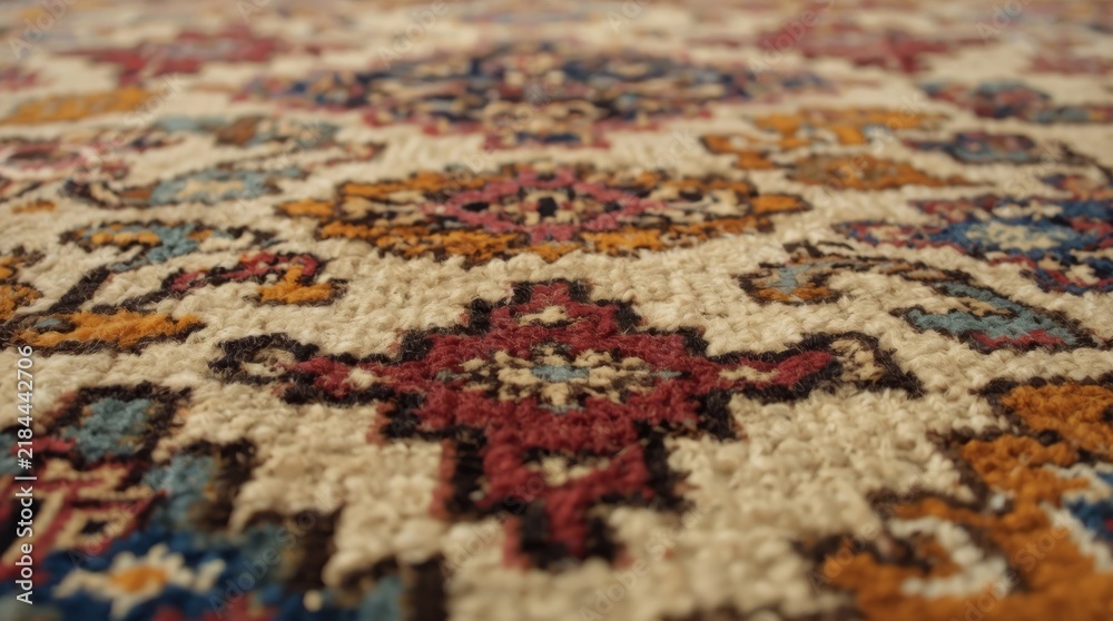 Fototapeta premium Vibrant handcrafted rug with intricate floral and geometric patterns in warm earth tones