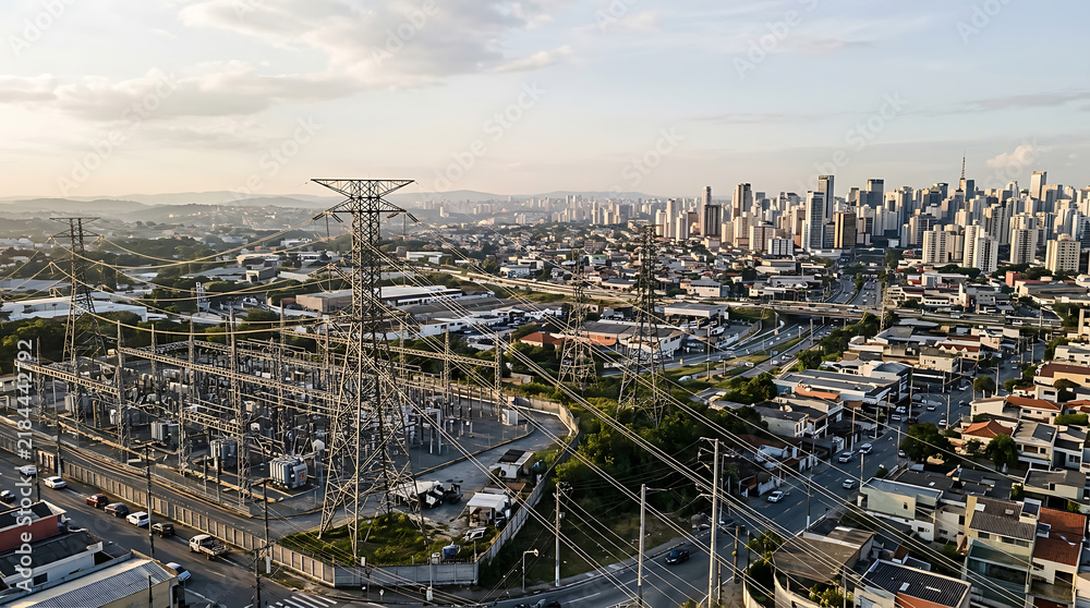 Obraz premium Aerial View of an Electrical Substation Power Grid Infrastructure Integrated Within a Dense Urban Landscape at Golden Hour