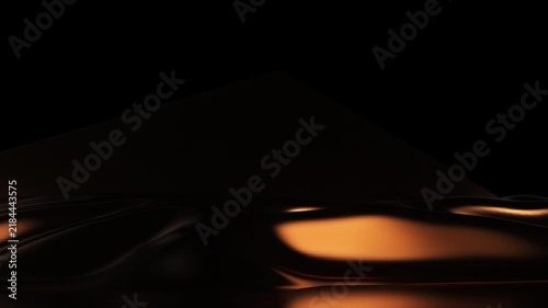 Abstract glossy bronze form rises from a dark fluid surface, unfolds into a geometric shape and gradually disappears into darkness on a black background.