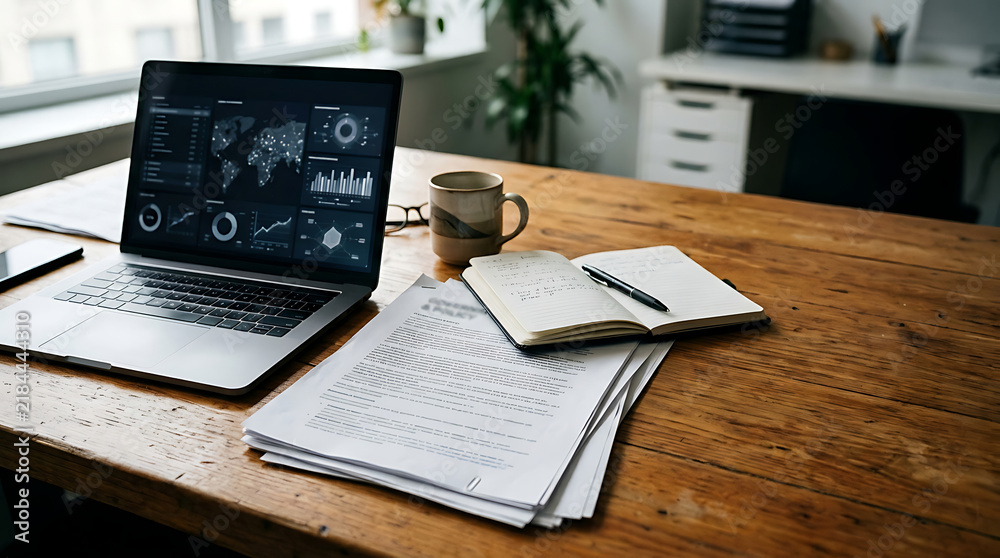 Obraz premium Modern workspace with data analytics on laptop, notebook, and coffee on a wooden desk