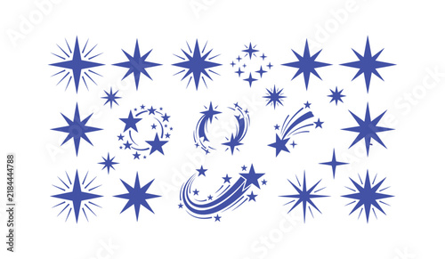 Collection of blue handdrawn star shapes and sparkling design elements isolated on white background