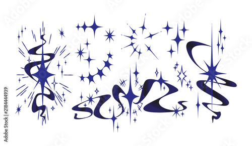 Set of blue retro y2k style star shapes and decorative wavy ribbon elements