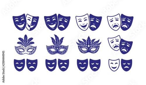 Set of blue theater masks and carnival masquerade mask icons for entertainment and drama performance design