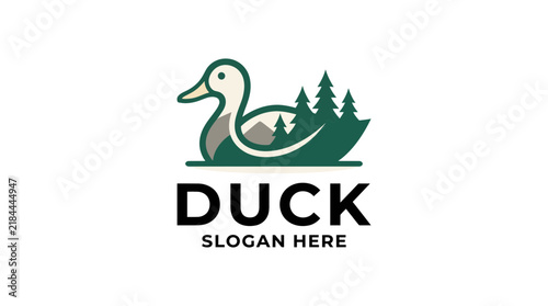 Creative duck logo design with forest and mountain landscape silhouette.