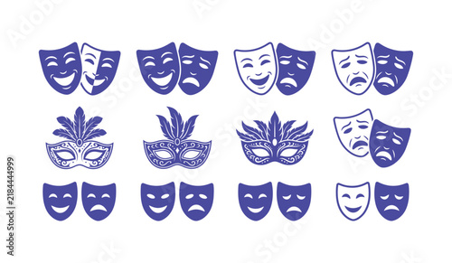 Set of purple theater masks showing comedy and tragedy expressions on isolated white background