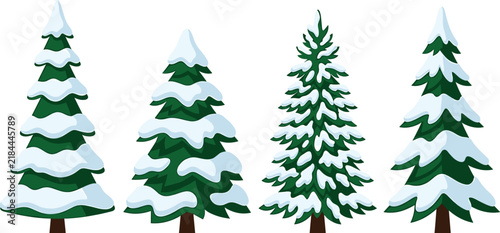 Obraz na plátne Snowy Christmas pine trees illustration collection featuring green evergreen fir