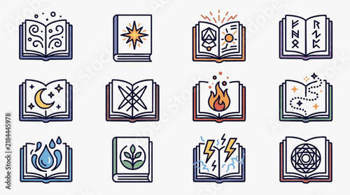 фотографія Set of 12 fantasy magic book icons and spell grimoires with elemental symbols including fire, water, lightning, runes, moon, stars, and alchemy circles on white background