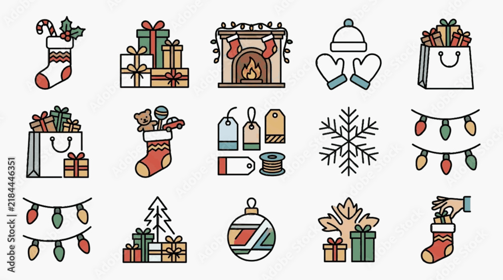 Fototapeta premium Vector set of 15 Christmas themed icons featuring stockings, gift boxes, fireplace, winter apparel, shopping bags, tags, snowflakes, fairy lights, and baubles in a muted flat style design.
