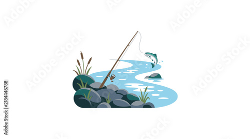 Foto Illustration of a fishing rod with a caught fish by a river