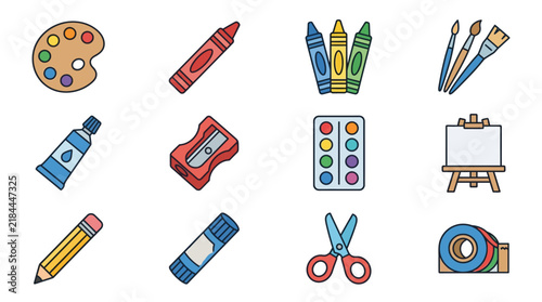 Colorful school art supplies icons set.