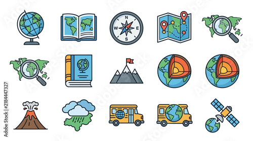 Colorful icons of geography and travel.