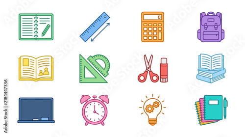 Colorful school supplies and stationery icons.