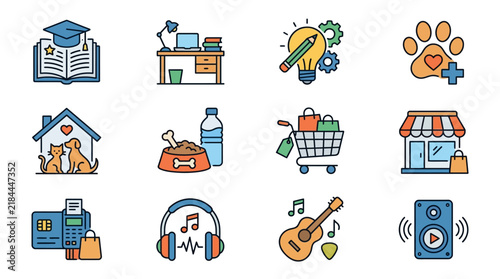 Comprehensive Modern Thin Line Icon Collection for Digital Designers Featuring Diverse Themes Including Academic Learning School Supplies Pet Grooming Services Retail Shopping Online Marketp