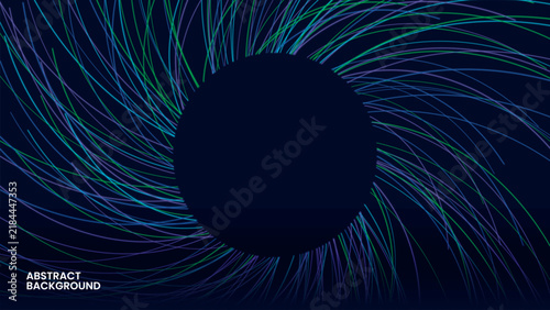 Dynamic spiral fiber optical line circle frame on dark blue backdrop for futuristic cyber tech design.