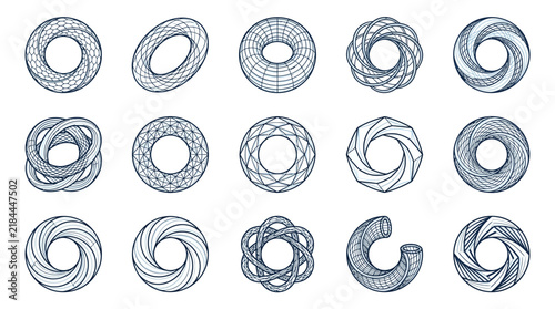 Corporate Abstract 3D Wireframe Torus and Knot Shapes Collection in Monochrome for Modern Presentations and Branding