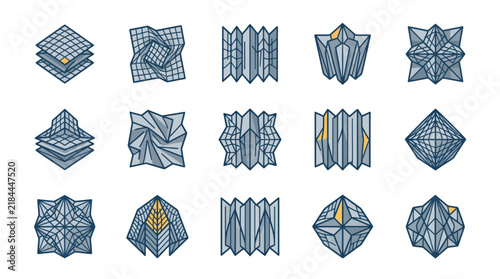 Corporate Abstract Geometric 3D Wireframe Shapes with Modern Minimalist Design in Blue and Gold Tones
