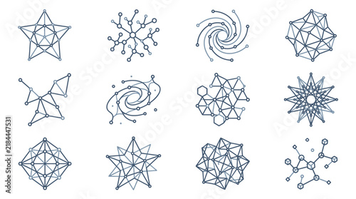 Clean Minimalist Geometric Network Diagrams with Blue and White Line Art Patterns with high quality professional line art symbols for modern creative design and digital branding projects