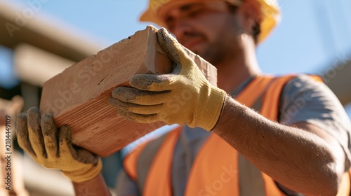 A construction worker wearing a hard hat and safety vest, holding a brick. The worker is wearing yellow gloves and the background is blurred, suggesting a construction site.