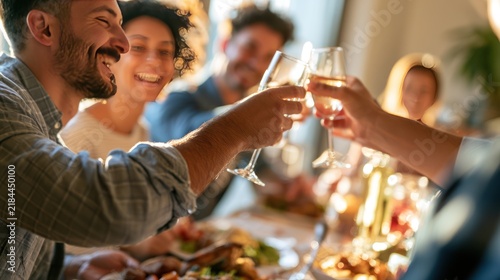 A group of friends clinking glasses at a dinner party, sharing laughter and good times. The warm sunlight filters in, casting a golden glow on their happy faces