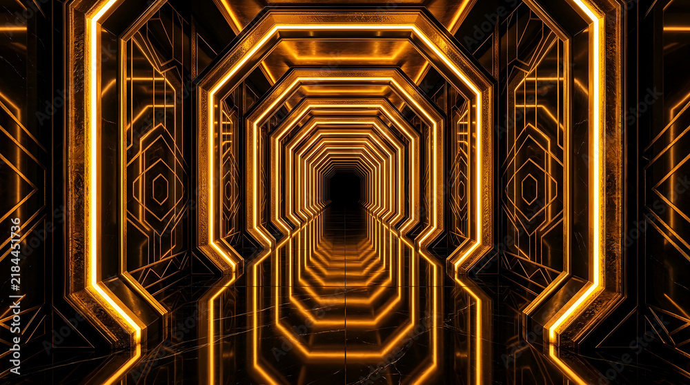 Fototapeta premium Luxury golden neon tunnel with bold geometric frames, glossy reflections, and dramatic depth.