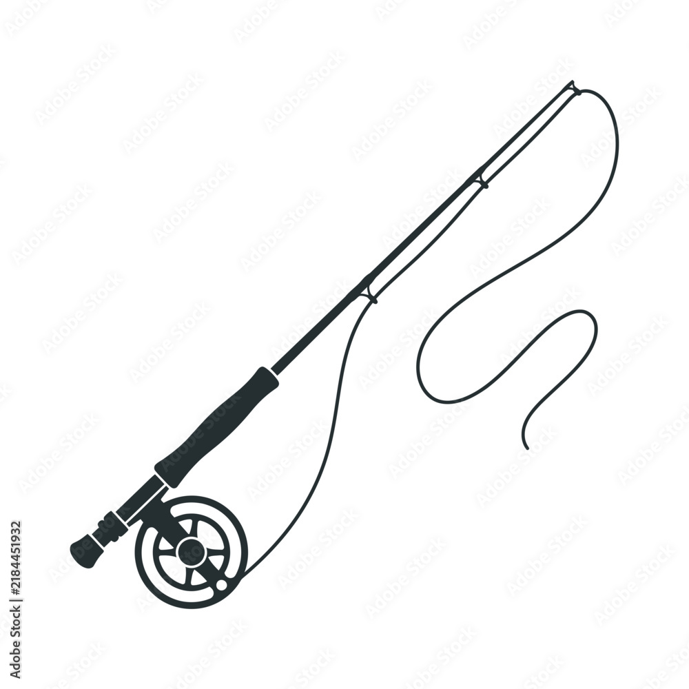 Obraz premium Fishing rod with reel and line ready for casting on water with stands upright spool looped casting